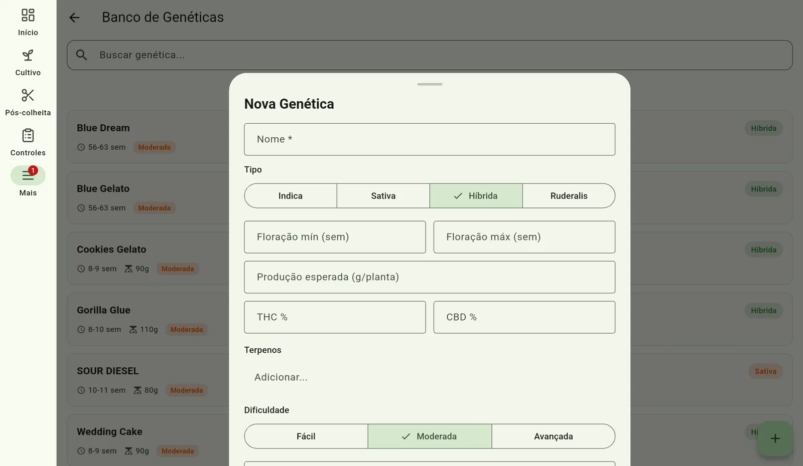 Tela do Cultivo — Adicione uma genética
