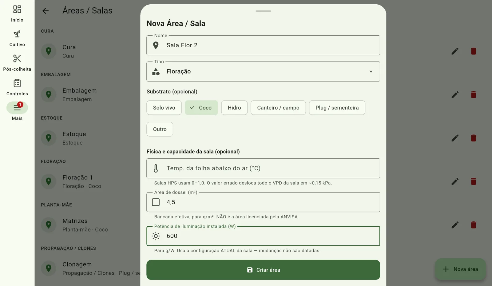 Tela do Cultivo — Informe a física da sala