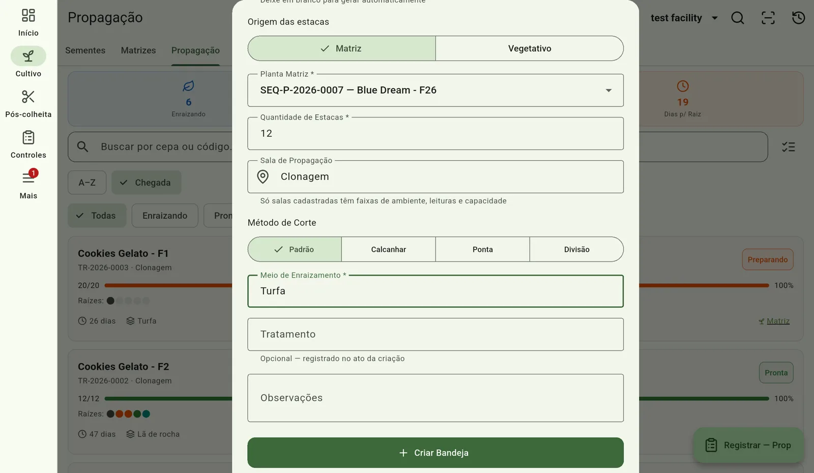 Tela do Cultivo — Preencha e crie a bandeja