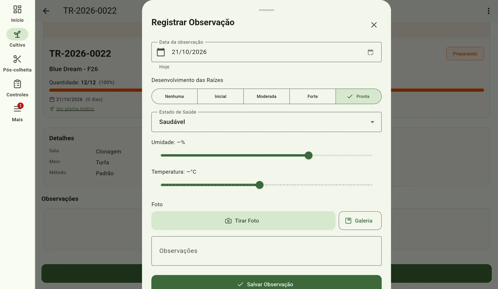 Tela do Cultivo — Marque a bandeja como pronta