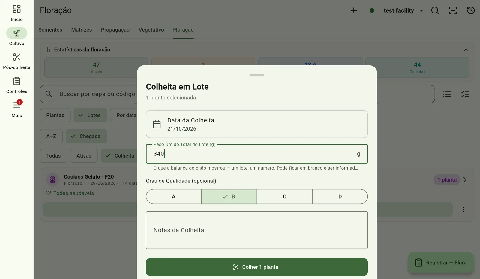 Tela do Cultivo — Preencha a colheita