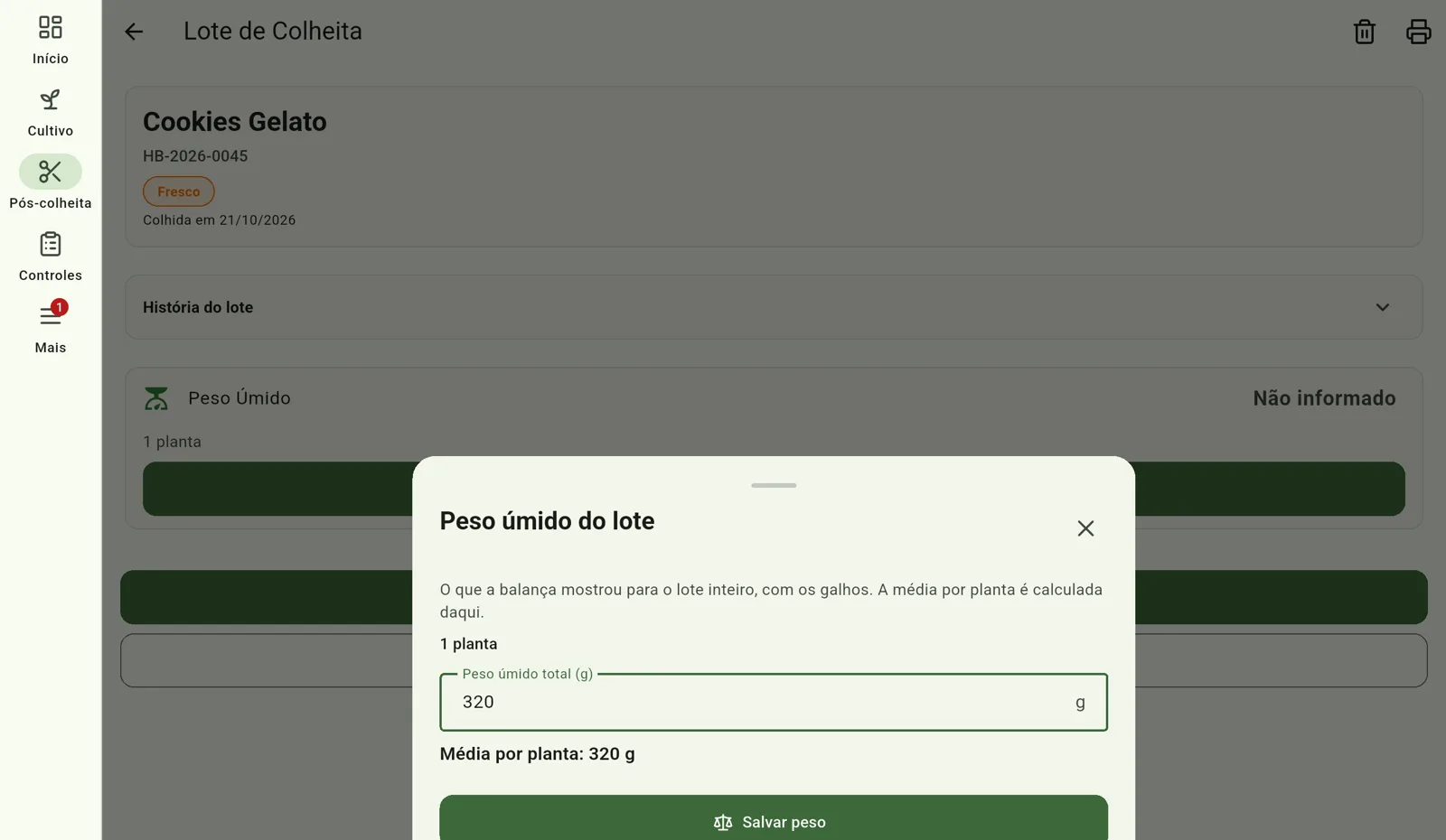 Tela do Cultivo — Informe o peso depois