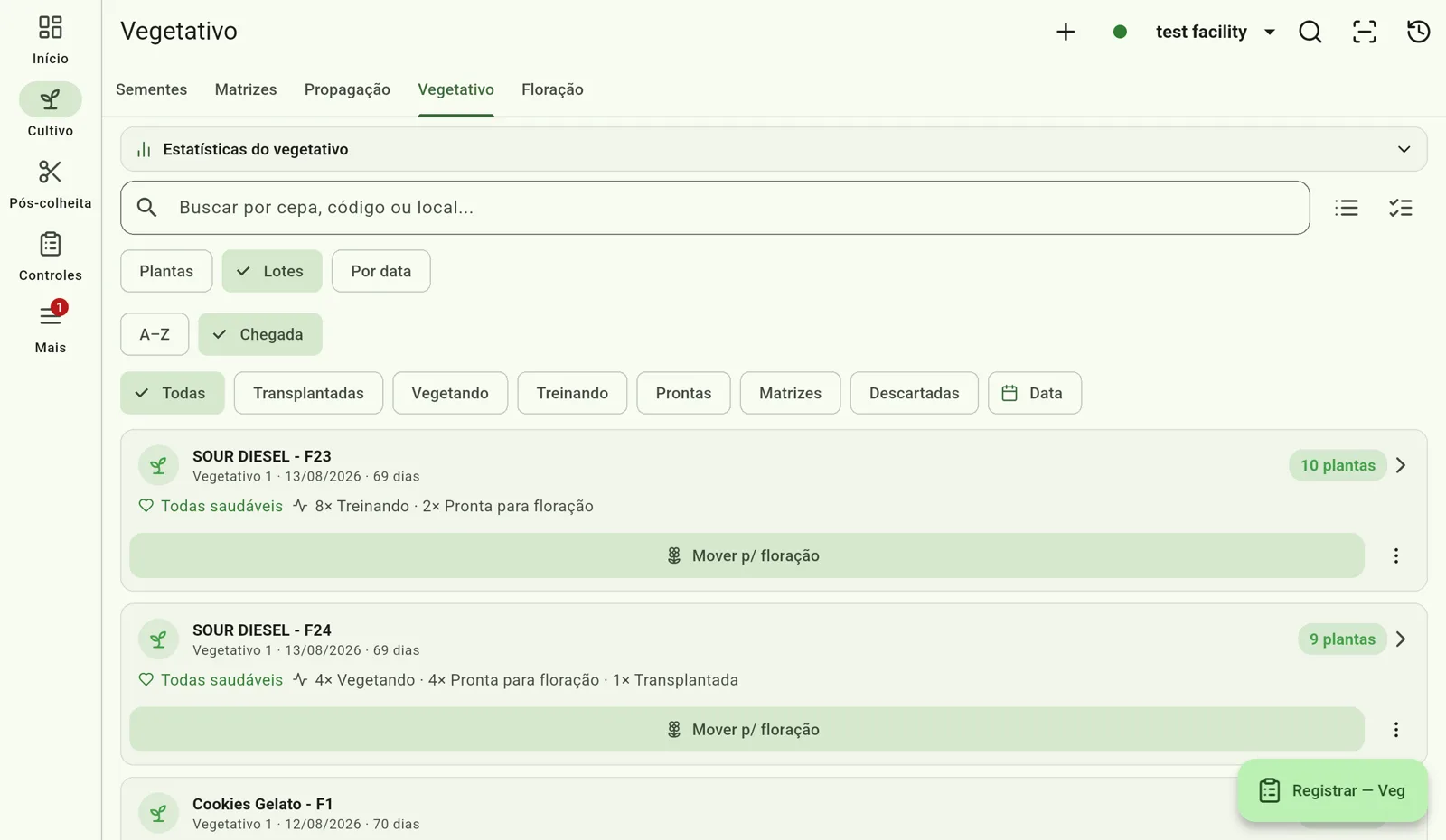 Tela do Cultivo — Agrupe por lote