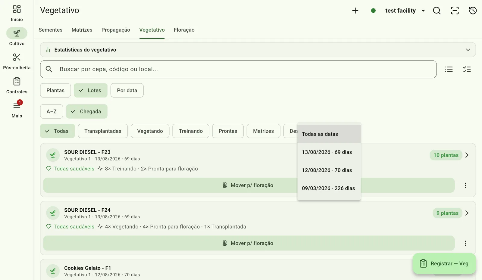 Tela do Cultivo — Filtre por status e sala