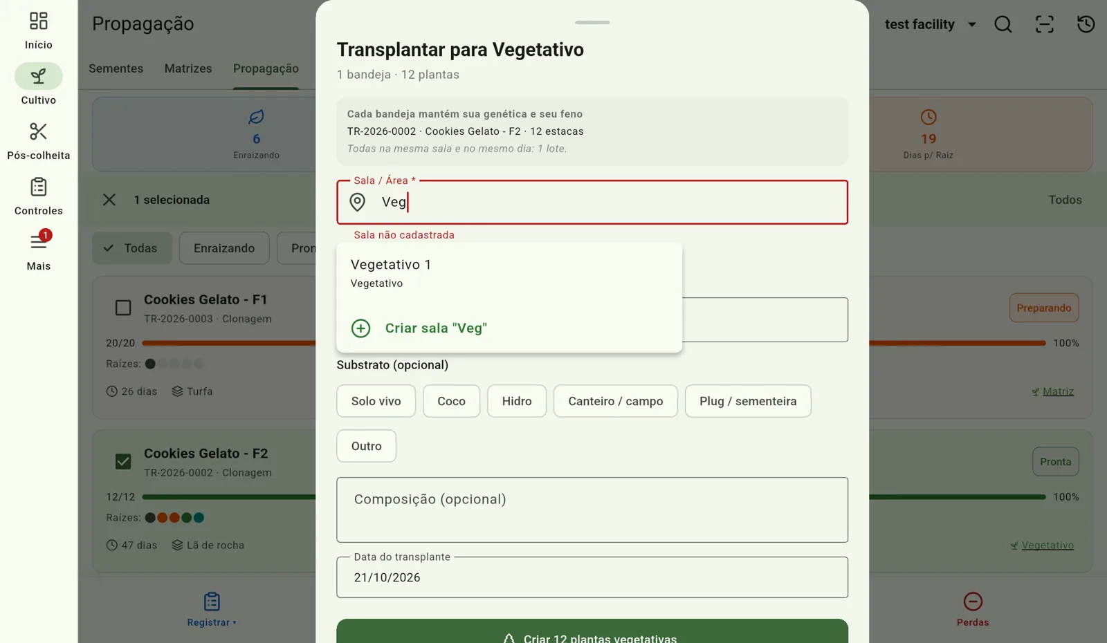 Tela do Cultivo — Cadastre sem dividir o lote