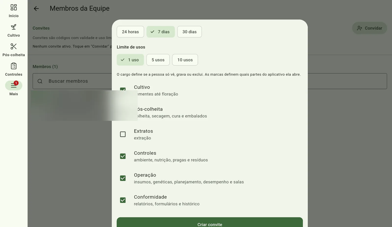 Tela do Cultivo — Defina validade, usos e módulos