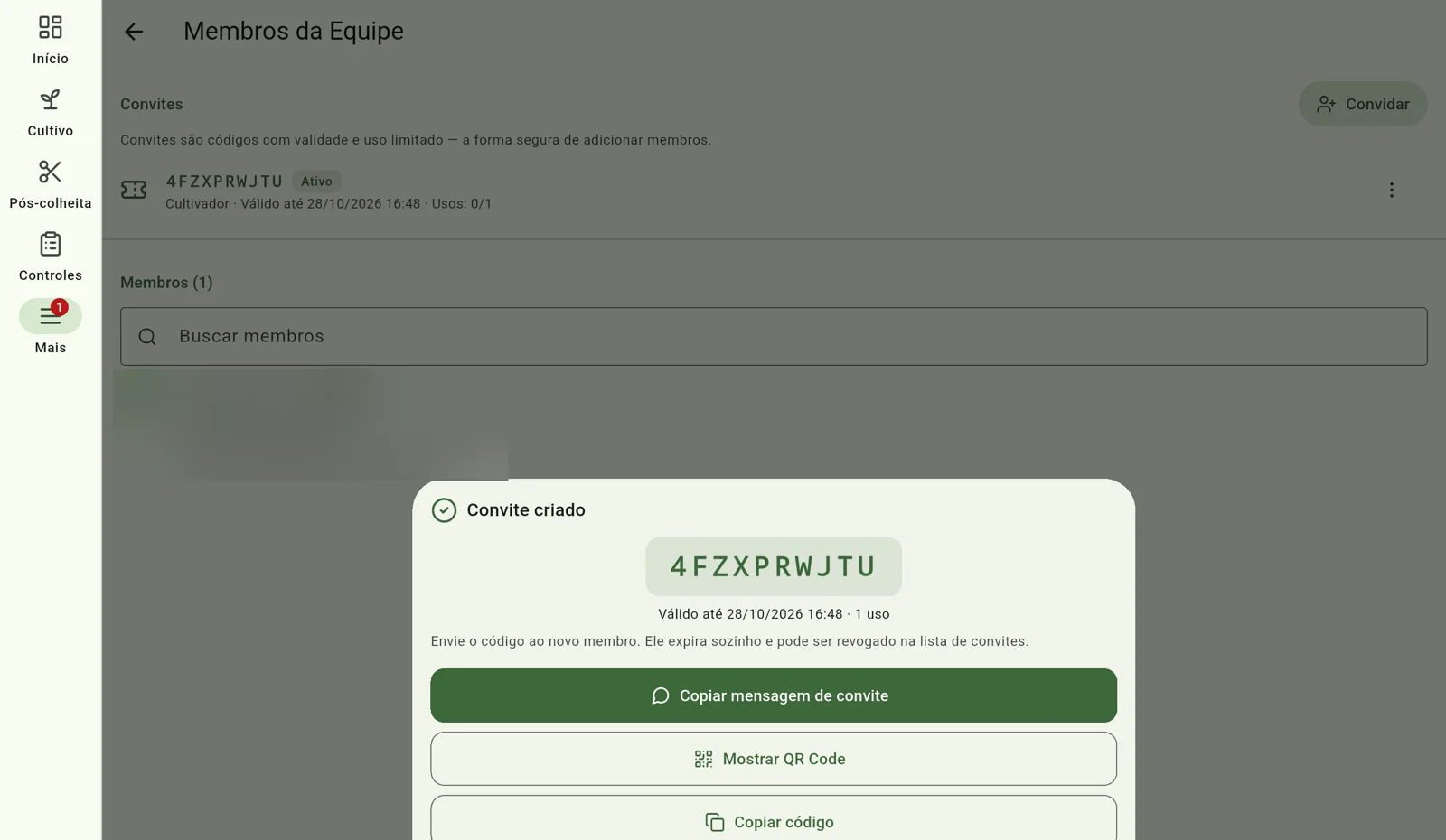 Tela do Cultivo — Envie o código