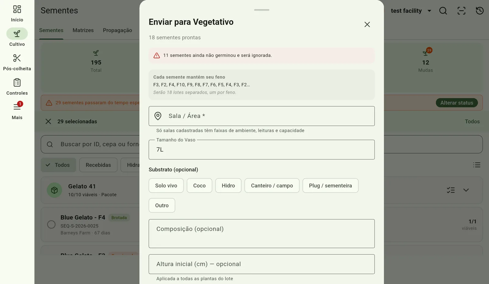 Tela do Cultivo — Envie para o vegetativo