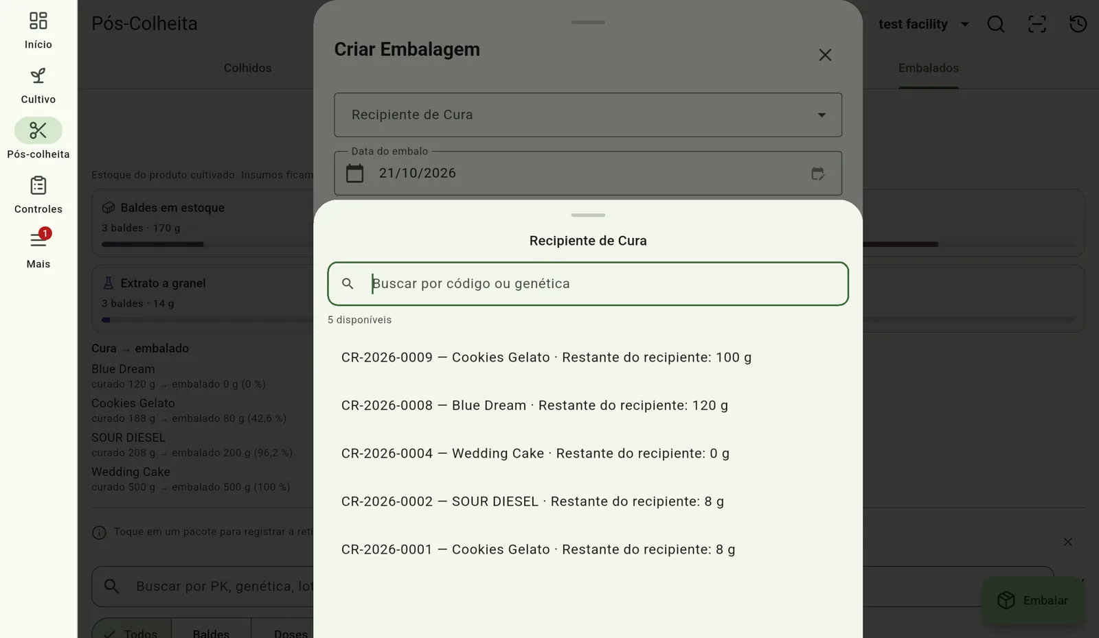 Tela do Cultivo — Escolha o recipiente