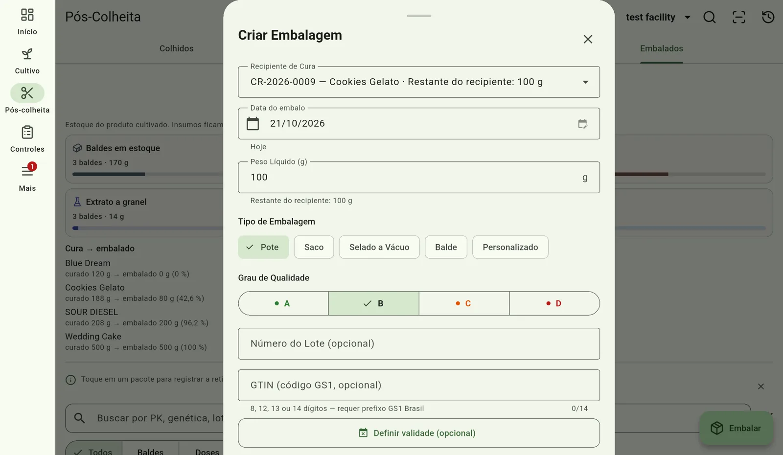 Tela do Cultivo — Confira data e peso