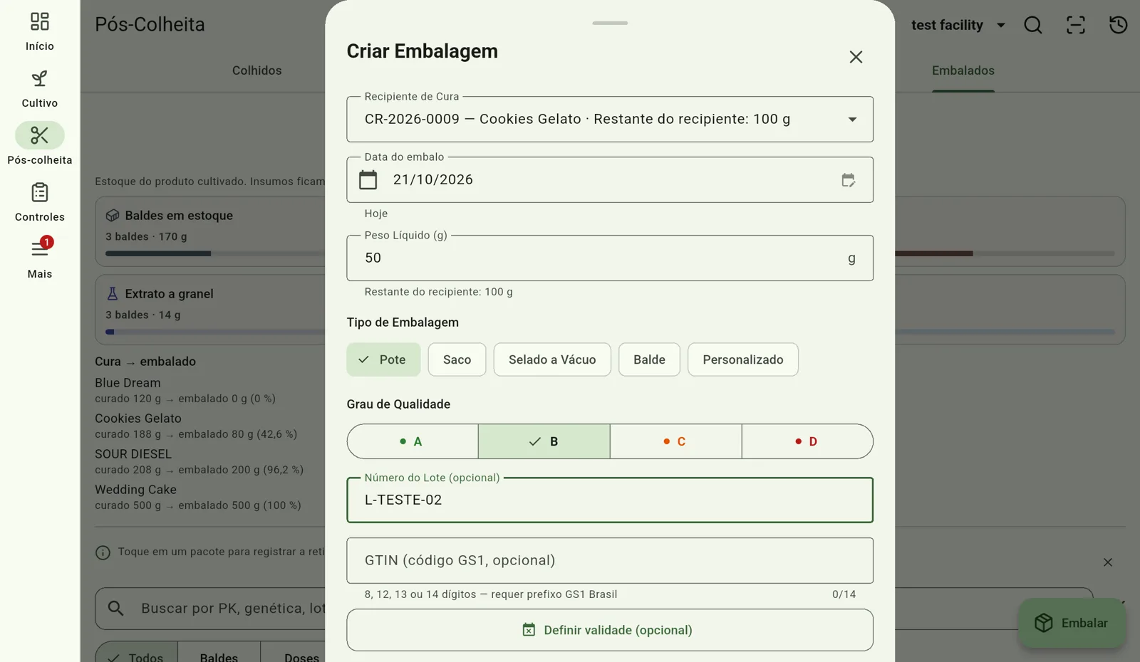 Tela do Cultivo — Tipo, grau e lote