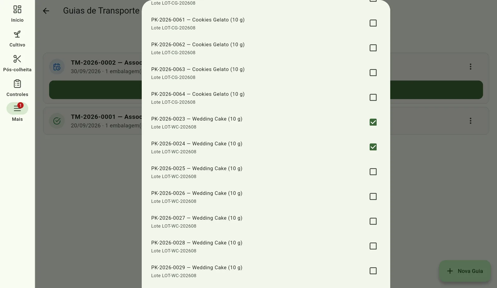 Tela do Cultivo — Escolha as embalagens