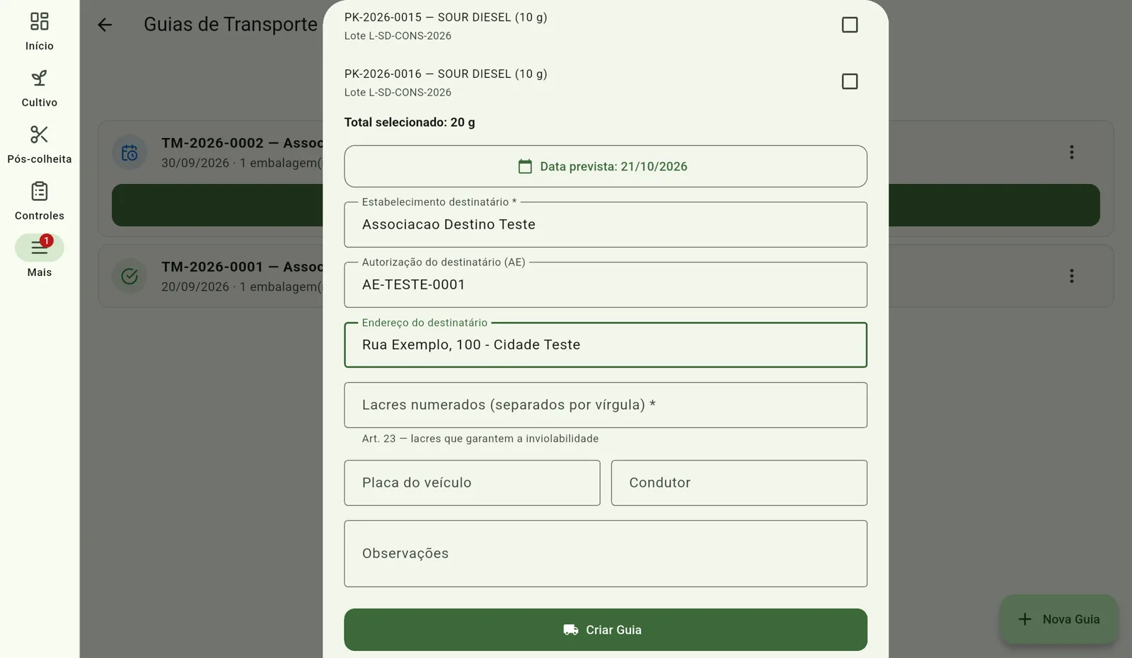 Tela do Cultivo — Identifique o destinatário