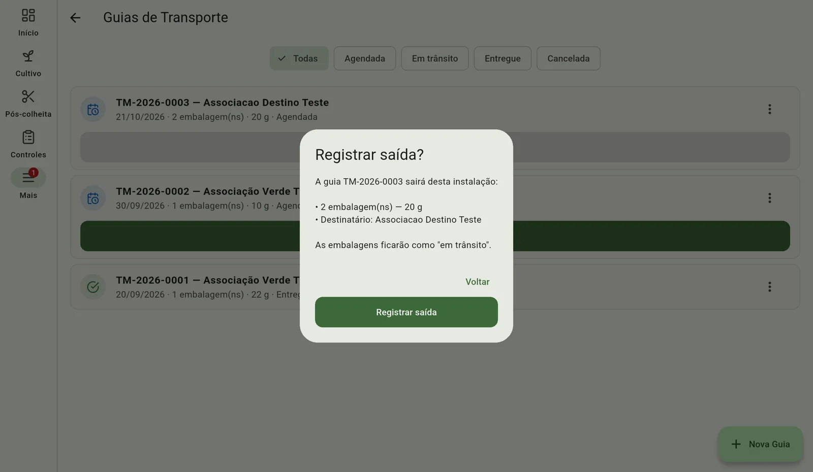 Tela do Cultivo — Registre a saída