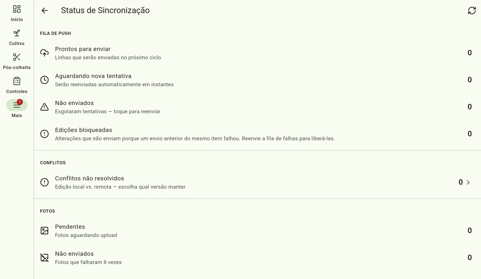 Tela do Cultivo — Leia o indicador de sincronização