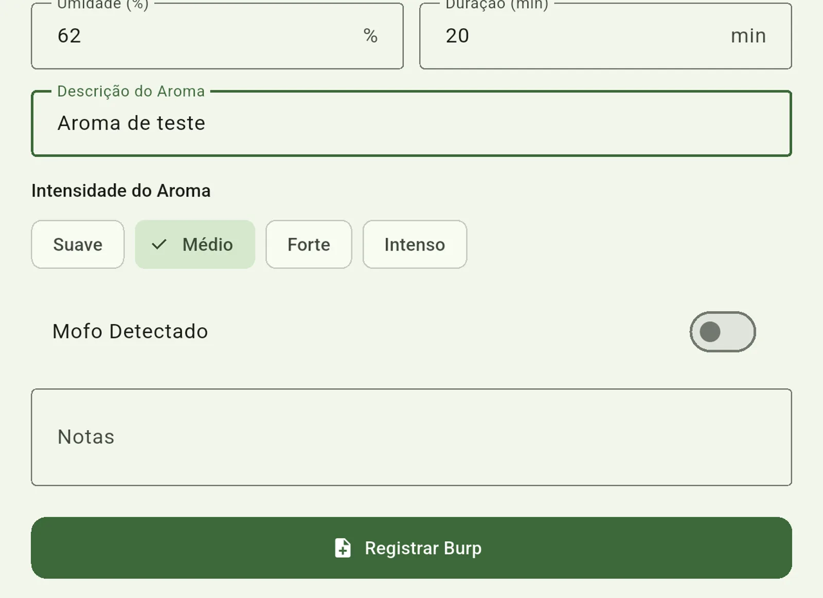 Tela do Cultivo — Registre as aberturas