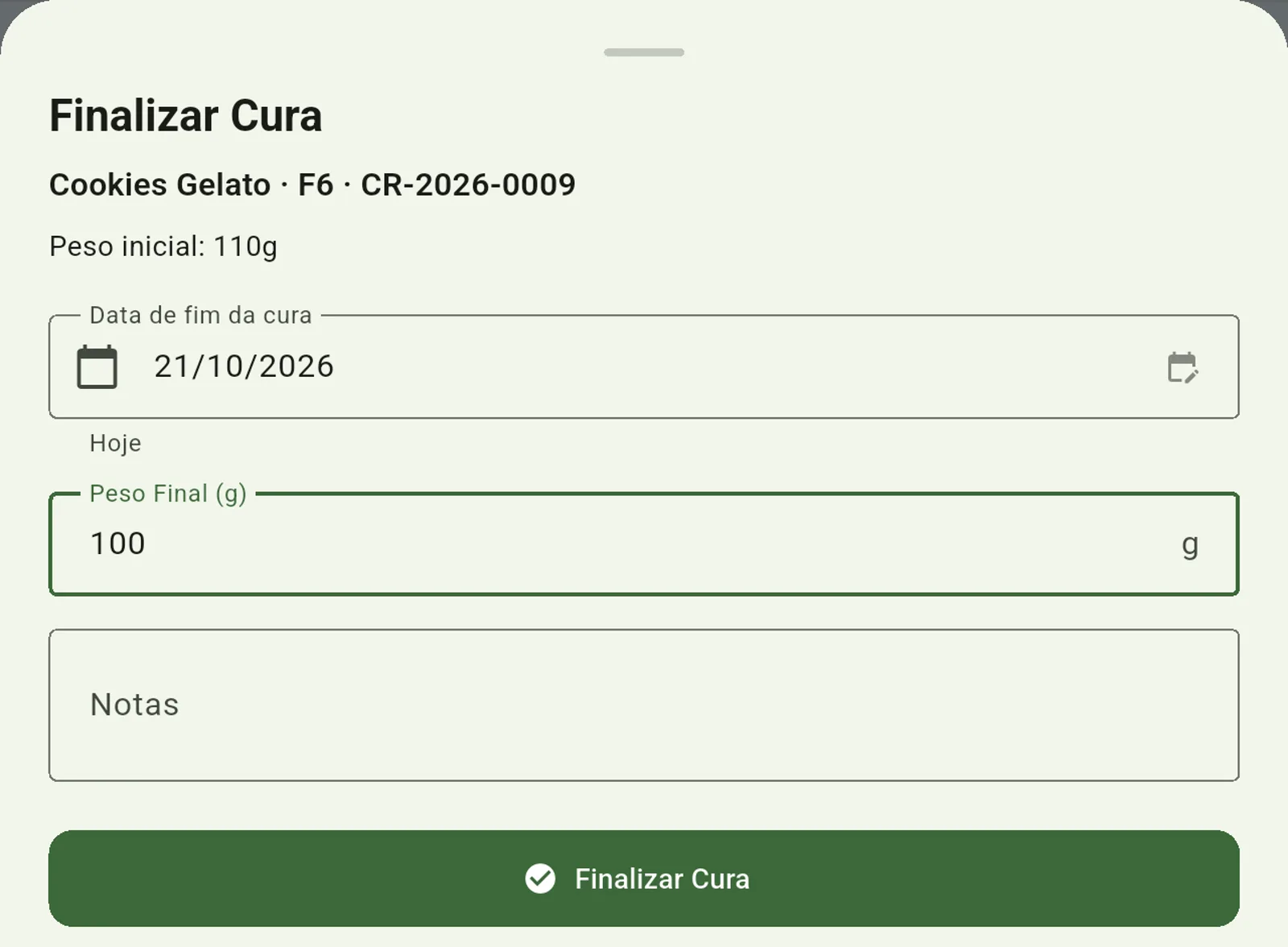 Tela do Cultivo — Finalize a cura