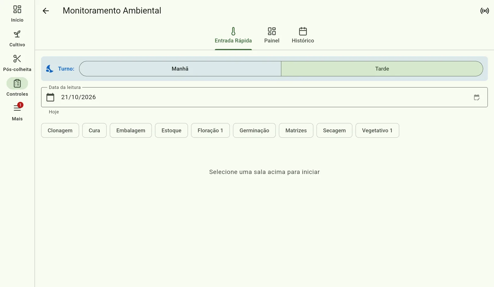 Tela do Cultivo — Escolha turno, data e sala