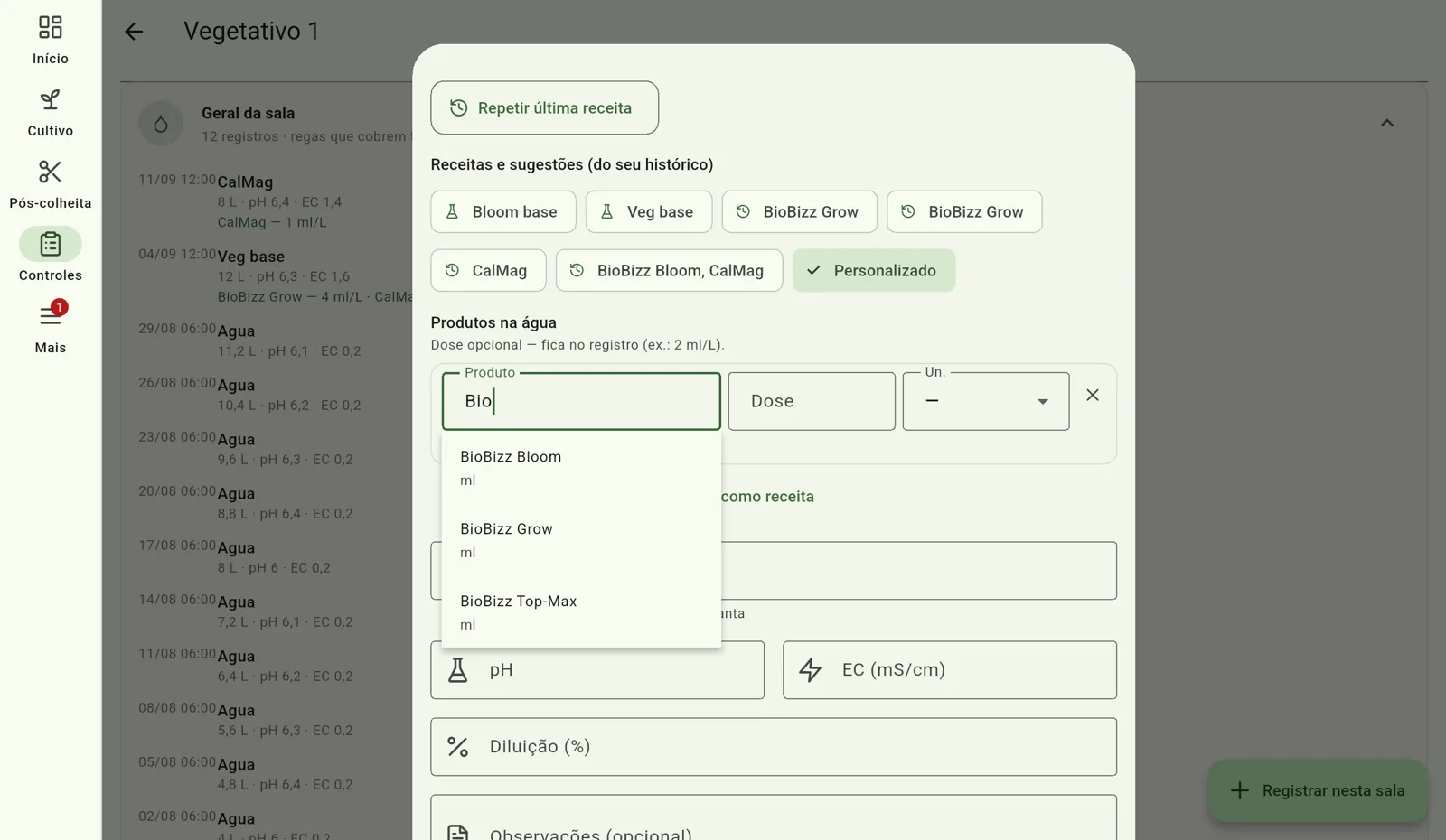 Tela do Cultivo — Liste os produtos