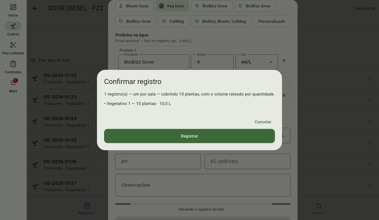 Tela do Cultivo — Registre num lote ou planta