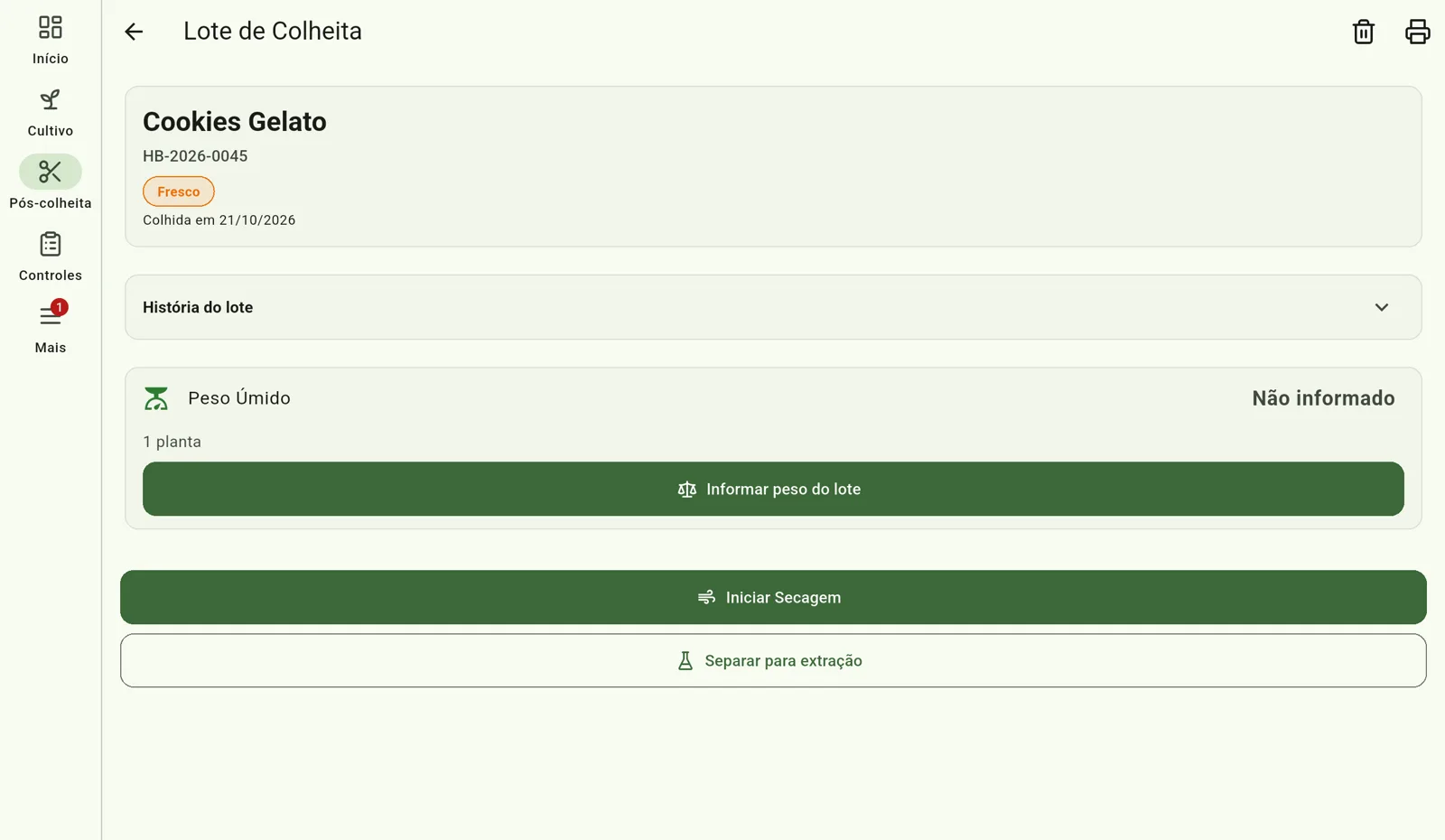 Tela do Cultivo — Inicie a secagem