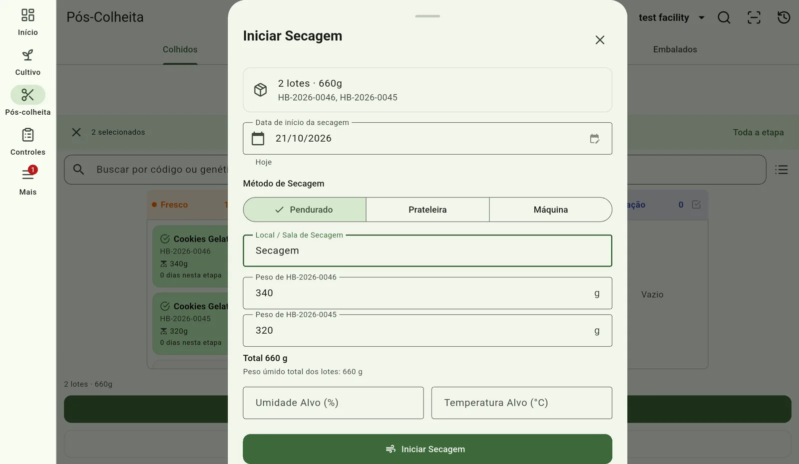 Tela do Cultivo — Preencha os dados