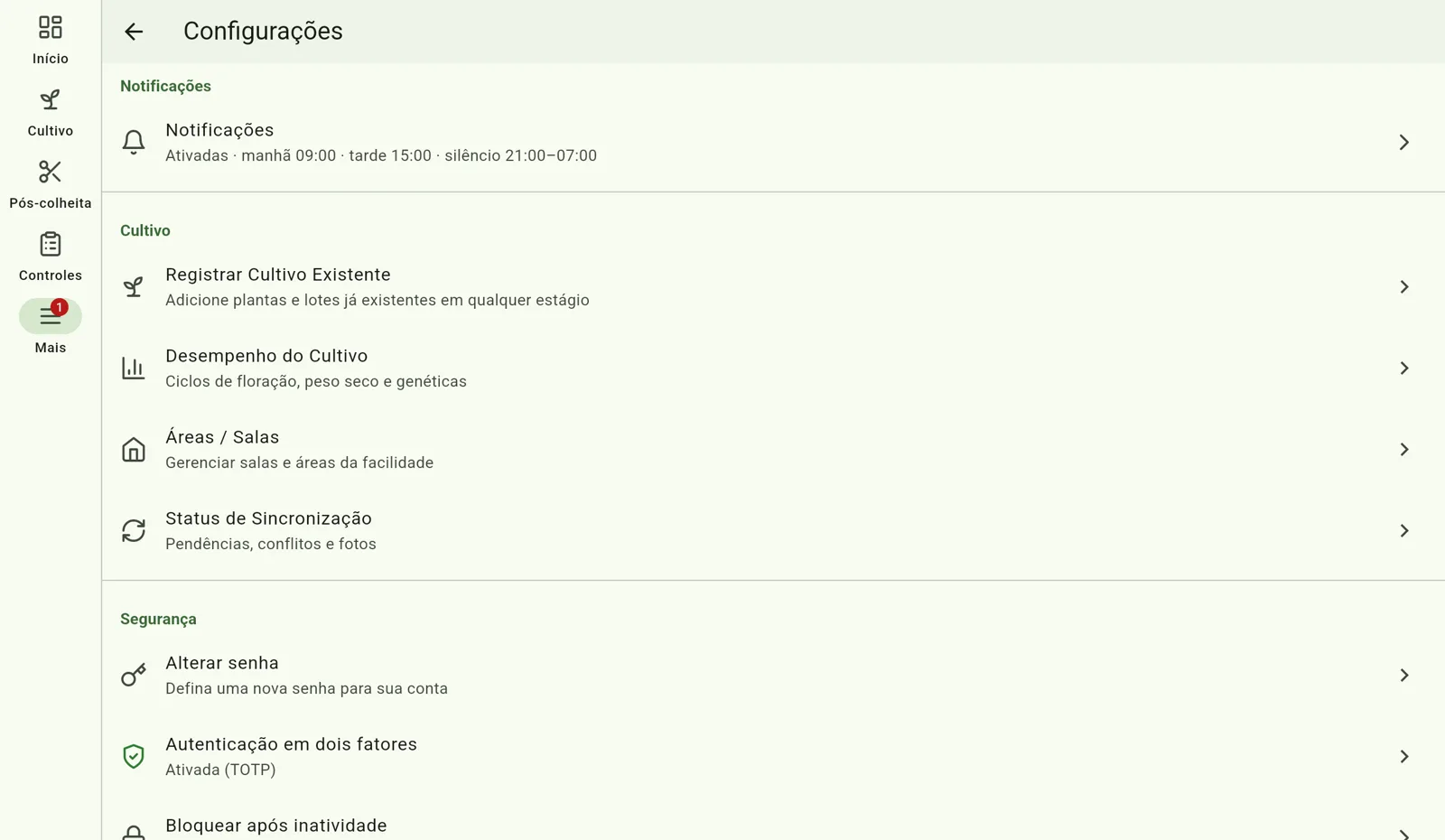Tela do Cultivo — Abra o assistente