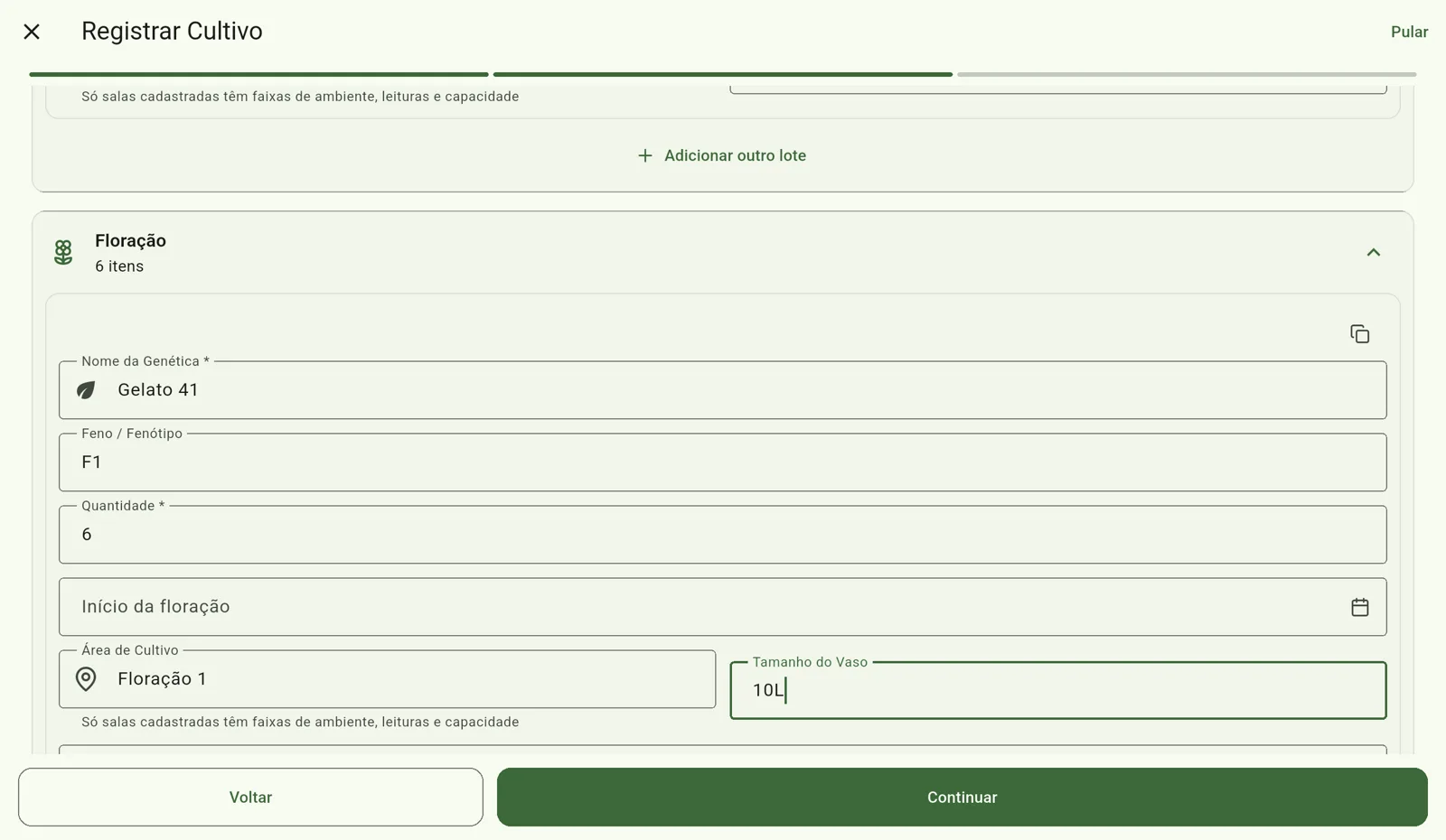 Tela do Cultivo — Informe sala e detalhes