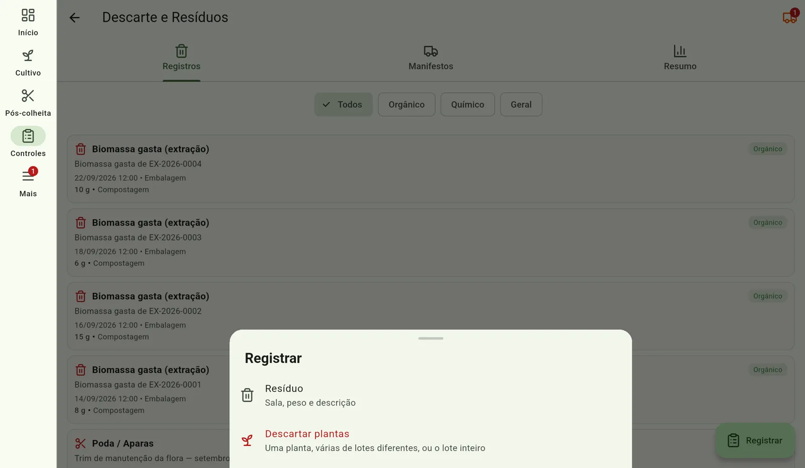 Tela do Cultivo — Abra Descarte e Resíduos