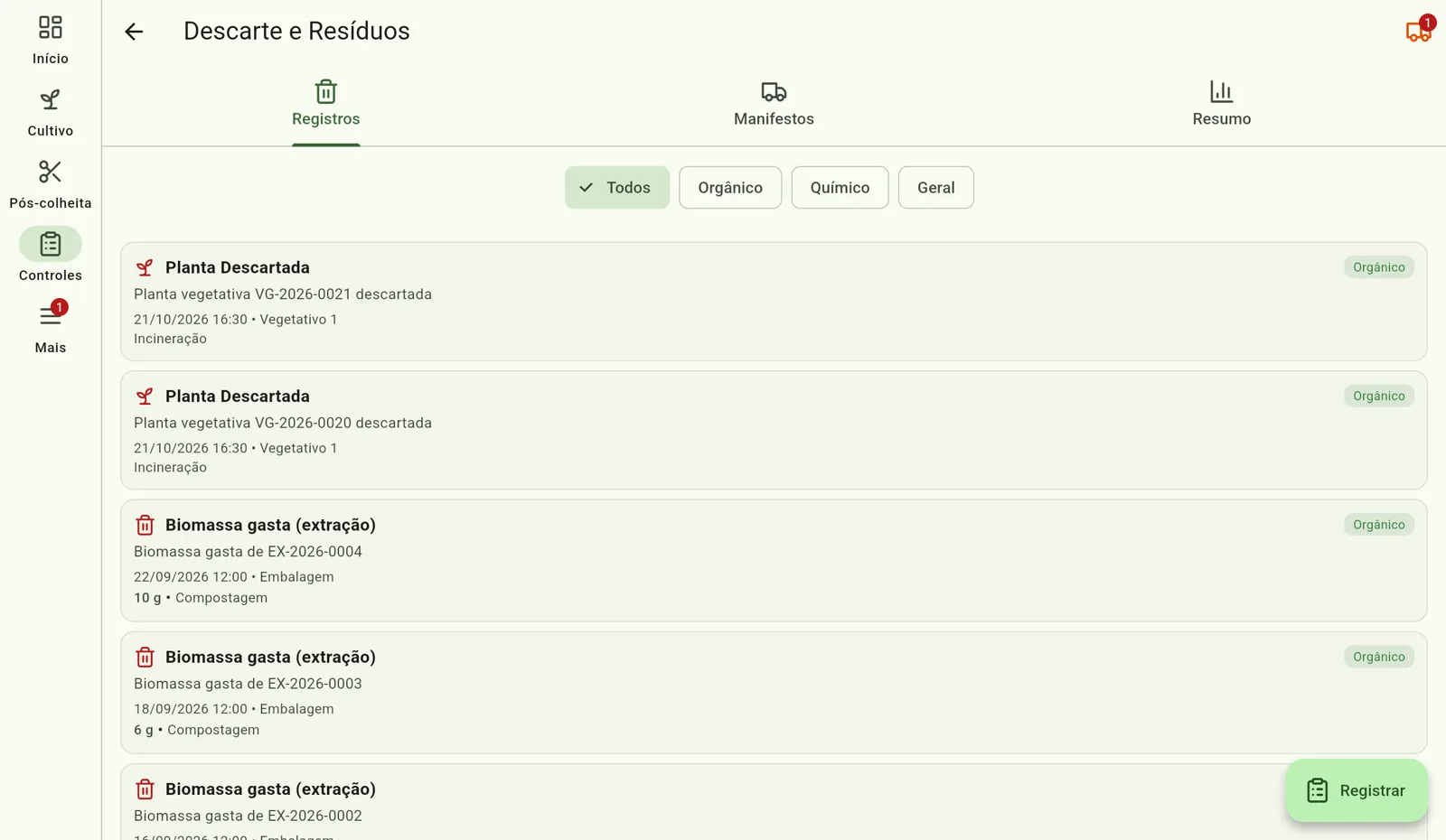 Tela do Cultivo — Confira o registro