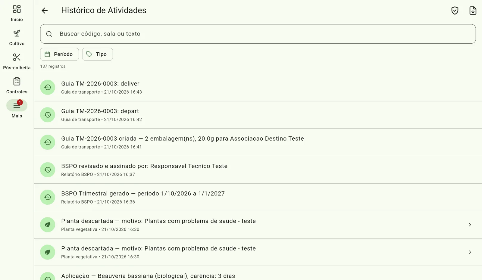 Tela do Cultivo — Abra o histórico
