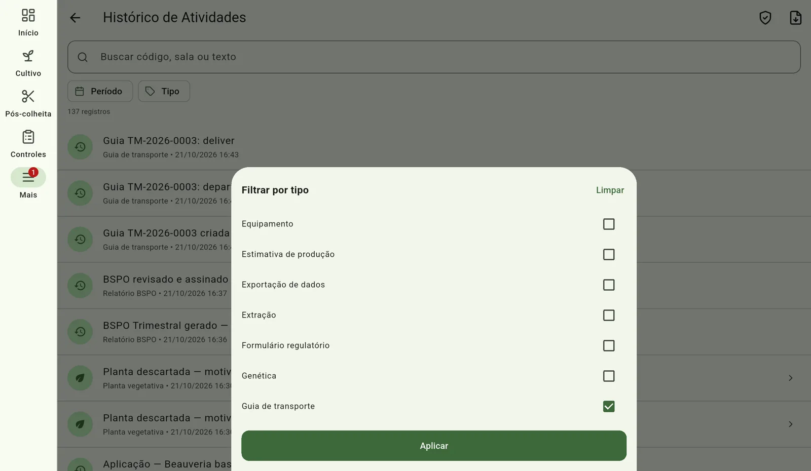Tela do Cultivo — Filtre o que precisa