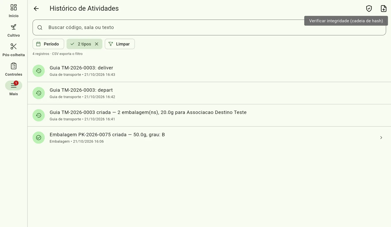 Tela do Cultivo — Verifique a cadeia de hash